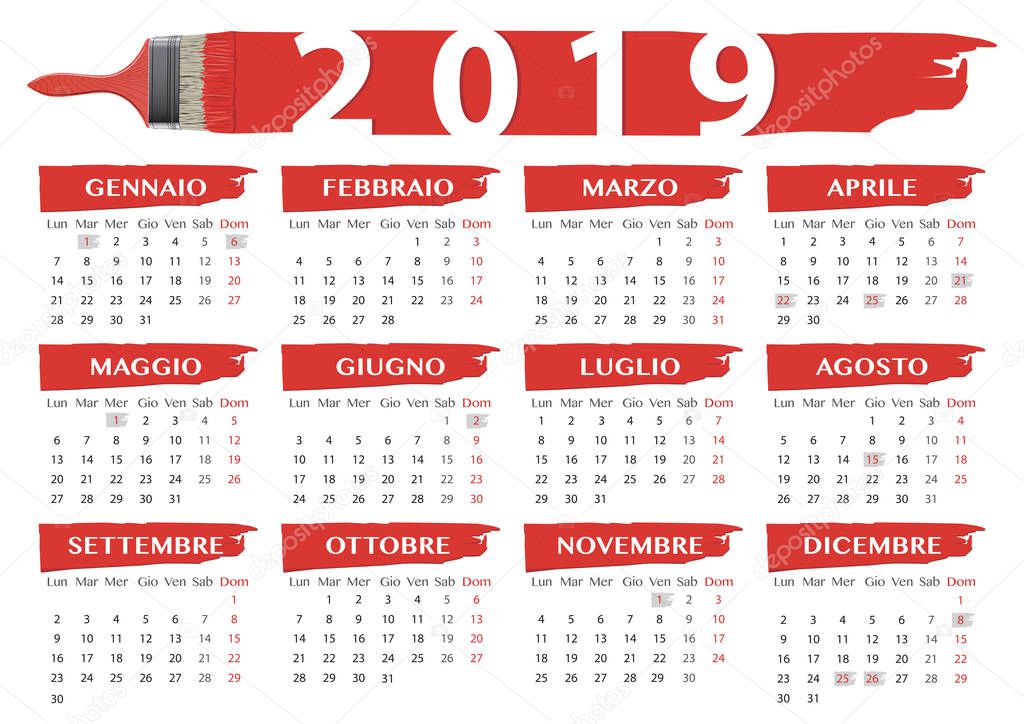 2019 red brushes style calendar with italian religious festivity, national holidays and language