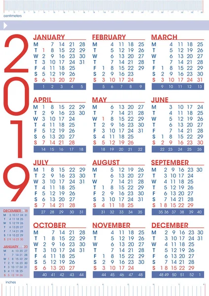 Simple Geometrical Calendar 2019 Rulers Emglish Language — Stock Vector