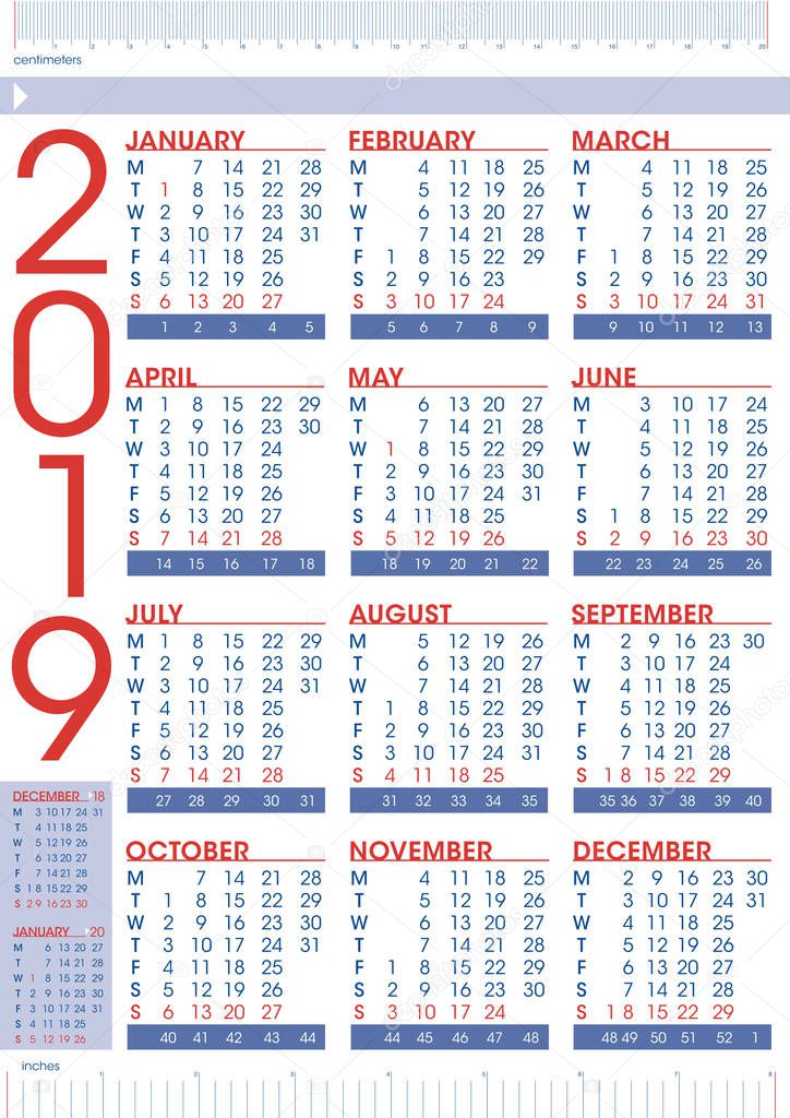 simple geometrical calendar 2019 with rulers, emglish language