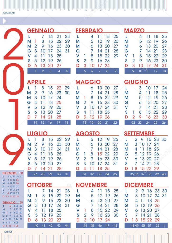 commercial 2019 rules calendar in italian language with national holidays and number of weeks
