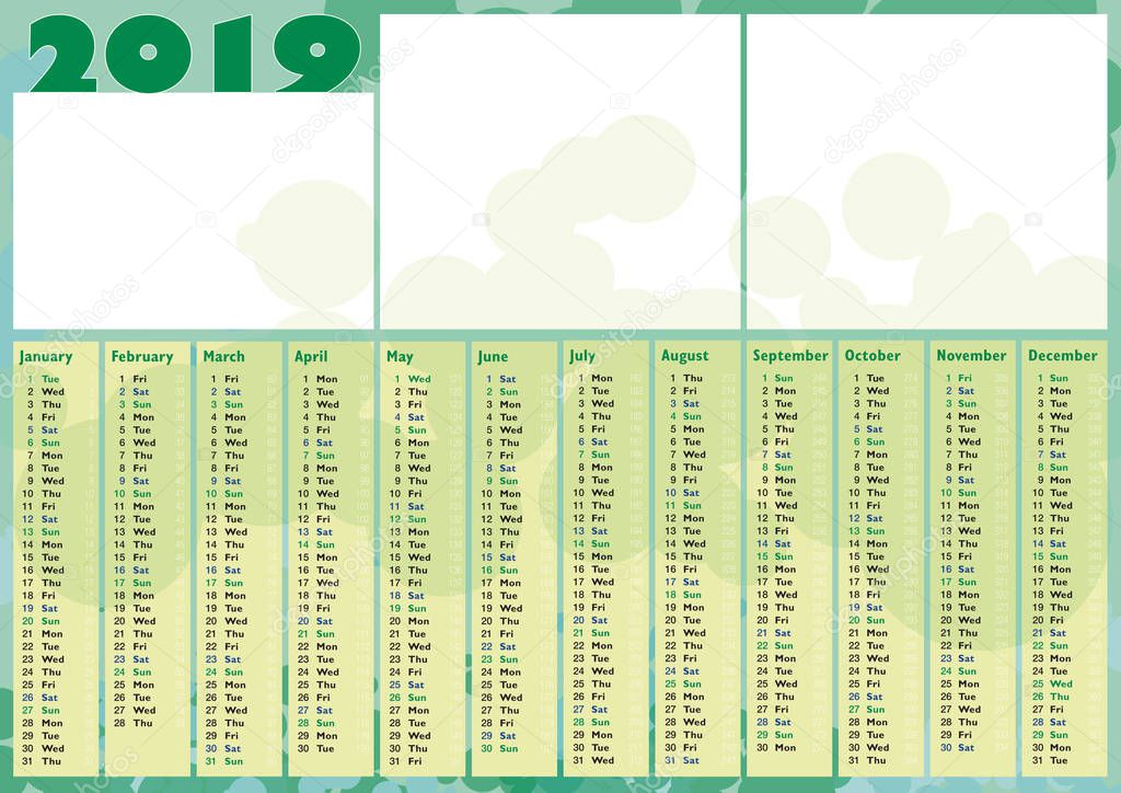 pop style green blubbles photo calendar 2019, english language, with three blank photo frames and total number of days