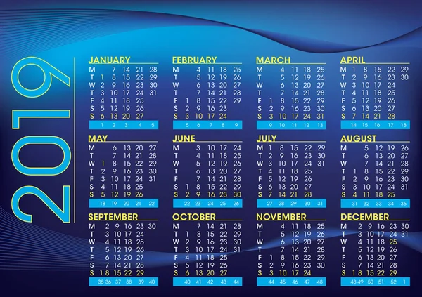 2019 Календар Ніч Настрої Стиль Кольору Англійською Мовою Кількістю Тижнів — стоковий вектор