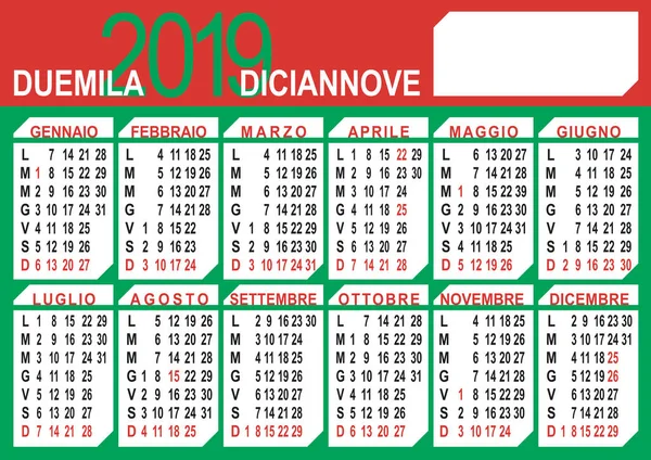 2019 Italian Calendar Flags Colours Simple Boxes — Stock Vector