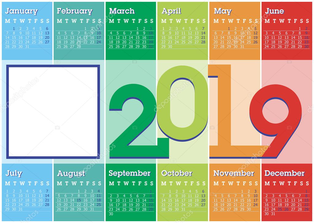 vector calendar 2019 with vertical coloured stripes and photo frame, english language