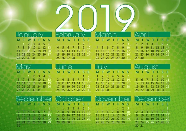 Kalendář 2019 Zelená Abstraktní Pozadí Anglický Jazyk — Stockový vektor