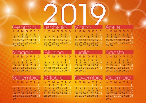 Kalender 2019 Orangefarbener Hintergrund Mit Funkelnden Lichtern Italienischer Sprache Und — Stockvektor