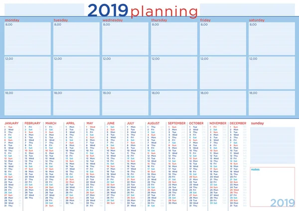 Vážné Plánování 2019 Pro Kancelář Kalendář Denního Plánu Anglický Jazyk — Stockový vektor