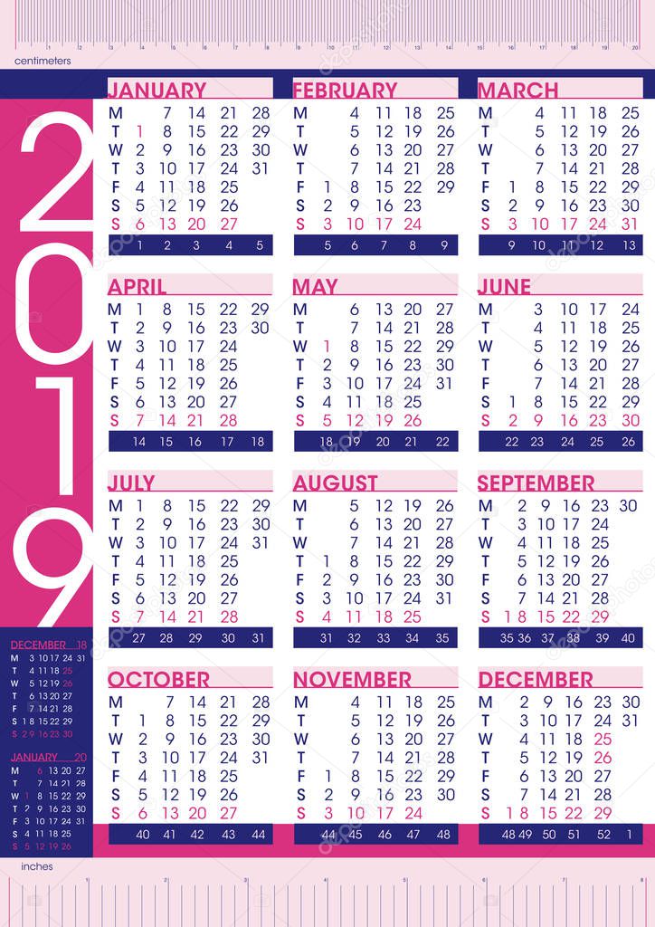 business and commercial 2019 simple style calendar with rulers and number of weeks