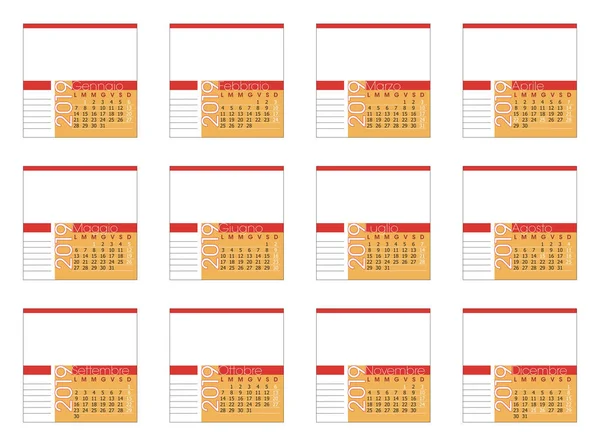 İtalyan Masa Takvimi 2019 — Stok Vektör