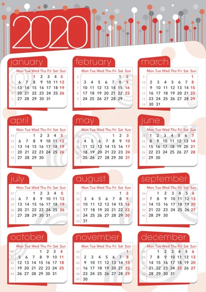 Rode cirkels en grijze achtergrond abstracte kalender 2020 — Stockvector