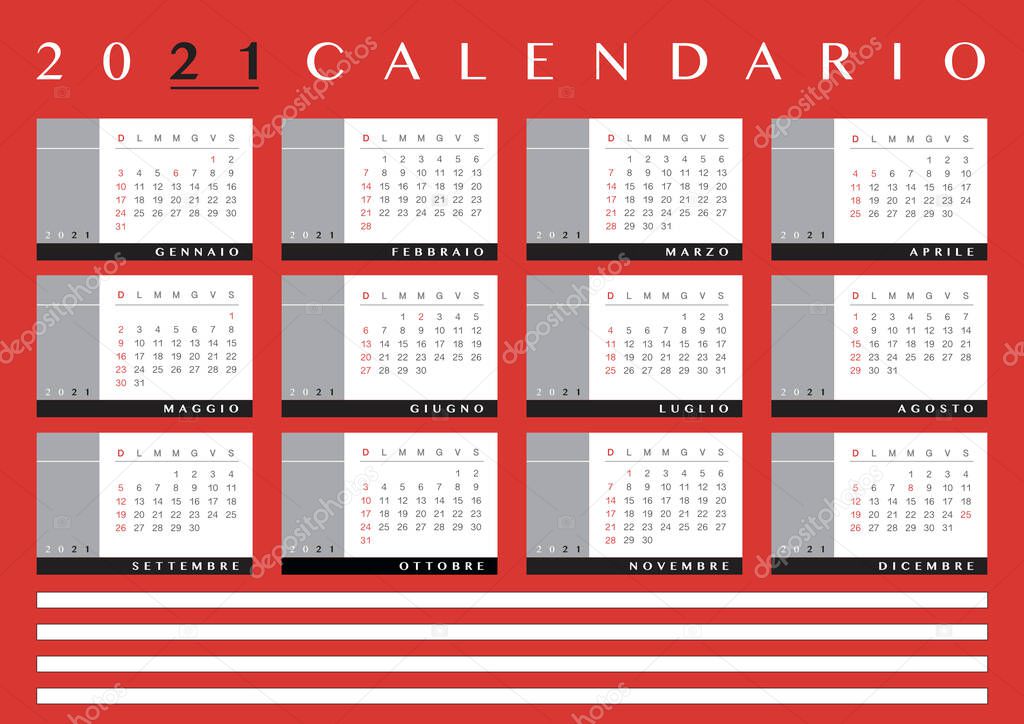 2021 italian calendar with red background and copy space. Italy laguage and festivity