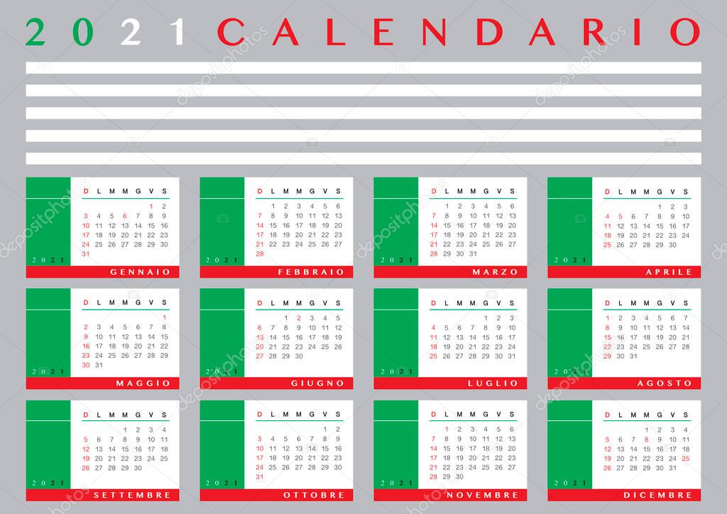 2021 new calendar with Italian flag colours, festivity and laguage. Hope it will be a better year.