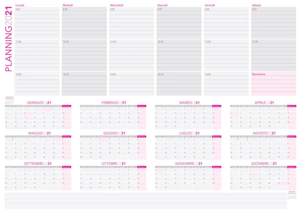 Pianificazione Agenda Calendario 2021 Versione Italiana — Vettoriale Stock