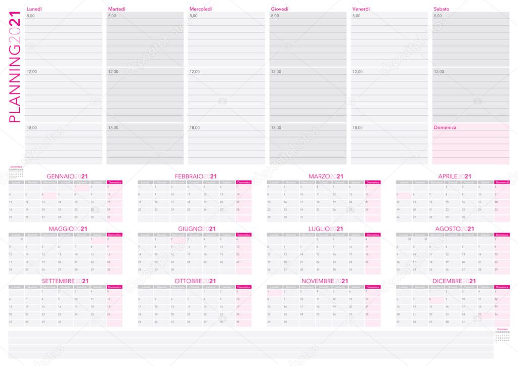 planning, agenda and calendar for 2021. Italian version