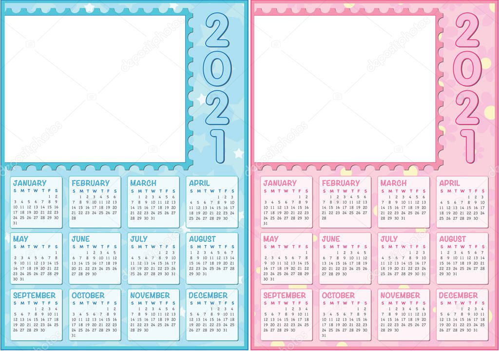 double baby calendar 2021, english language with white photo frame