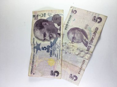 Türk Lirası banknotların beyaz arka plan üzerinde