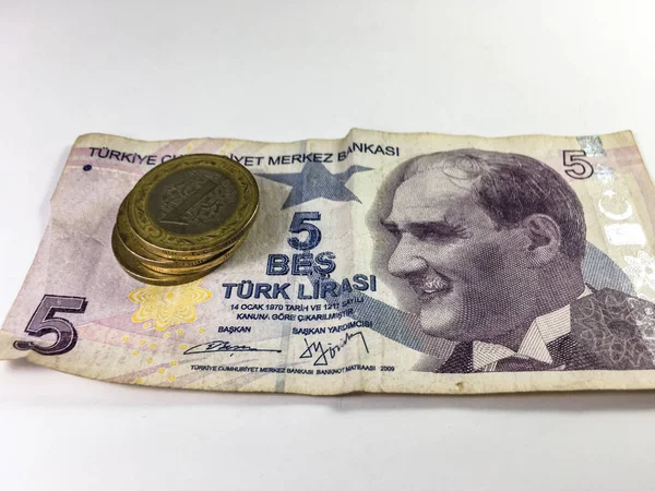 Turecká Lira Bankovek Mincí Bílém Pozadí — Stock fotografie