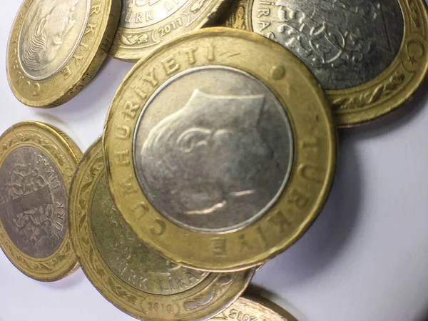 Monedas Lira Turca Acostado Sobre Fondo Blanco — Foto de Stock