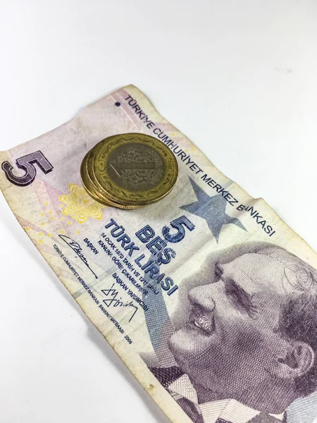 Türkische Lira Banknote Und Münzen Auf Weißem Hintergrund — Stockfoto
