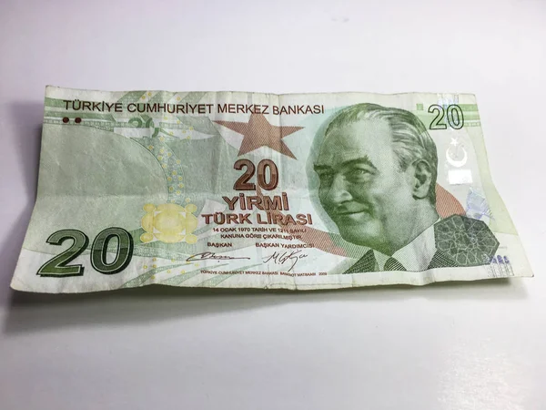 Nahaufnahme Der Türkischen Lira Banknote Auf Weißem Hintergrund — Stockfoto