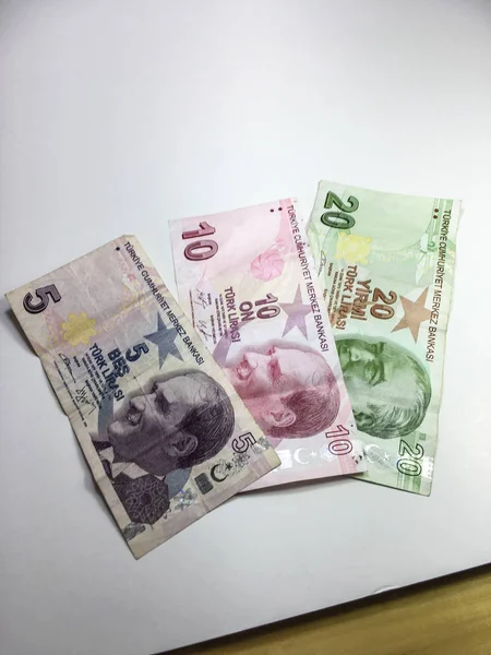 Close Turkish Lira Banknotes White Background — Stock Photo, Image