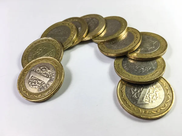 Monedas Lira Turca Acostado Sobre Fondo Blanco — Foto de Stock