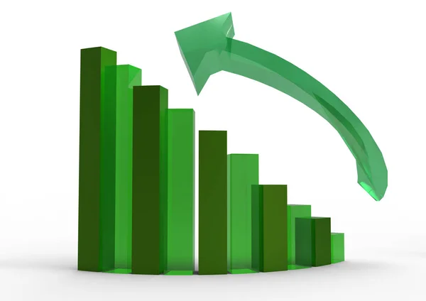 Una Flecha Ascendente Sobre Gráfico Barras Sobre Ciudad — Foto de Stock