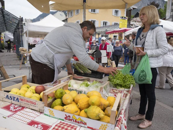 Vrouw koopt groenten van leverancier op open lucht markt in de Franse stad van briancon — Stockfoto