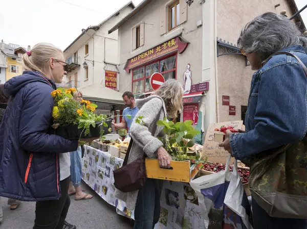 Pessoas com plantas e flores recém-compradas compram frutas no mercado ao ar livre de briancon na província de haute francês — Fotografia de Stock