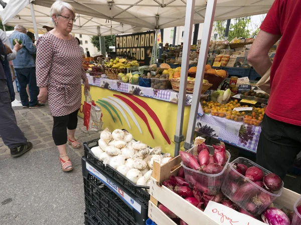 Brianã Frankrijk Juni 2018 Vrouw Kijkt Groenten Open Lucht Markt — Stockfoto