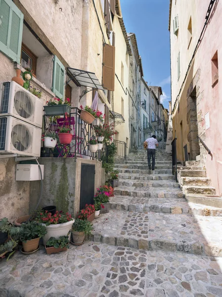 Uomo sale stretta strada con fiori in vaso vicino a case molto antiche nella città medievale di callas nella provenienza francese — Foto Stock