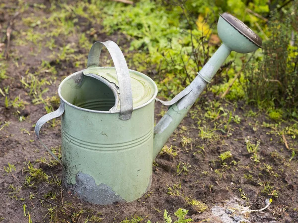 Hellgrüne Gießkanne Auf Feuchtem Gartenboden — Stockfoto