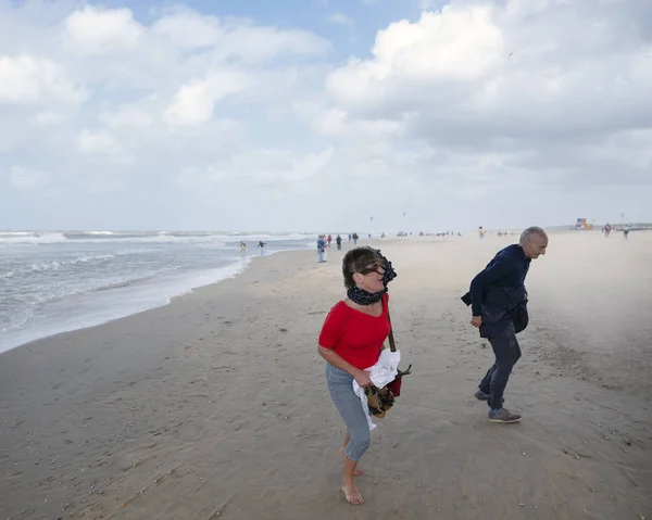 Люди Прогулянку Пляжі Схевенінген Під Пірсом Спертися Сильний Вітер Під — стокове фото