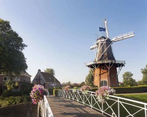 Flores en puente y viejo molino de viento en la ciudad holandesa de dokkum — Foto de Stock