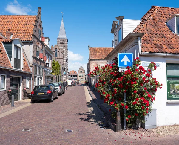 Rode rozen in oude straat van Edam in Holland — Stockfoto