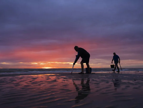 Mężczyźni na Normandy Beach podczas zachodu słońca szukają robaków do łowienia ryb. — Zdjęcie stockowe