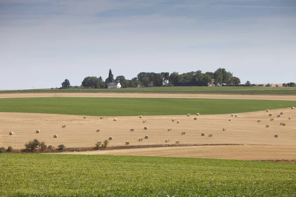 Fardos de paja en colinas onduladas del norte de Francia bajo el cielo azul —  Fotos de Stock