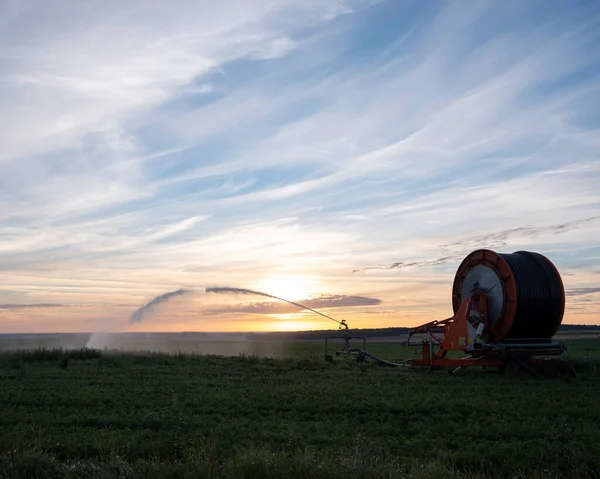 Pulverização de água no campo francês de normandy ao nascer do sol — Fotografia de Stock