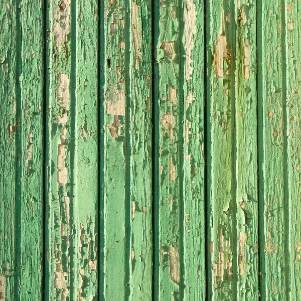 수직으로 지어 진 나무 널빤지에 붙어 있는 오래 된 녹색 물집 — 스톡 사진
