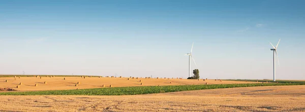 Campos após colheita no norte da frança com turbinas eólicas em segundo plano — Fotografia de Stock