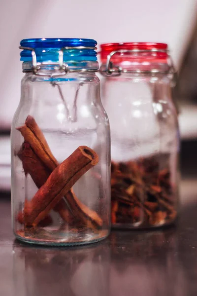 cinnamon and anis in glass jar in the kitchen