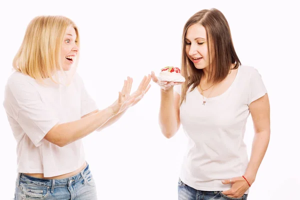 Two Young Women Eating Cake Close — Stock Photo, Image