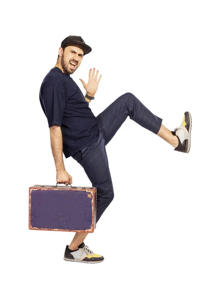 Junger Mann Mit Koffer Isoliert Auf Weißem Hintergrund — Stockfoto