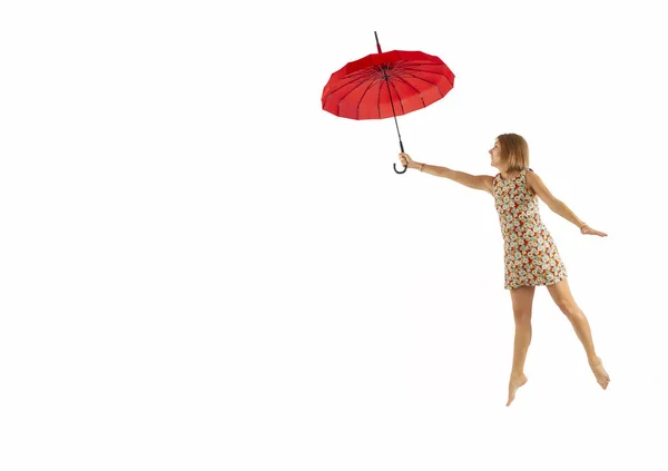 Happy Woman Flying Umbrella Isolated White Background — Stock Photo, Image