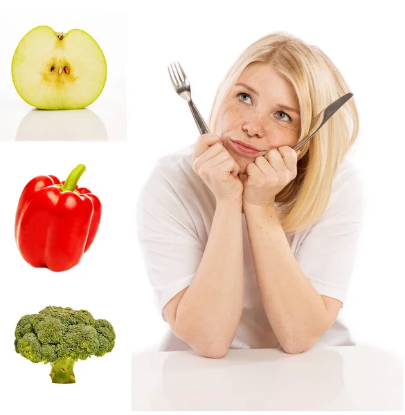 Young Woman Cutlery Hand Fresh Vegetables Collage — Stock Photo, Image
