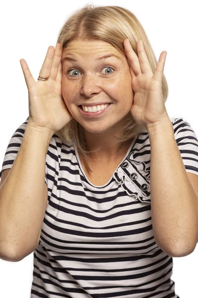 Hermosa Mujer Sonriendo Las Manos Cara Primer Plano —  Fotos de Stock