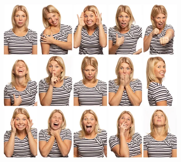 Conjunto Imágenes Una Joven Con Diferentes Emociones Fondo Blanco —  Fotos de Stock