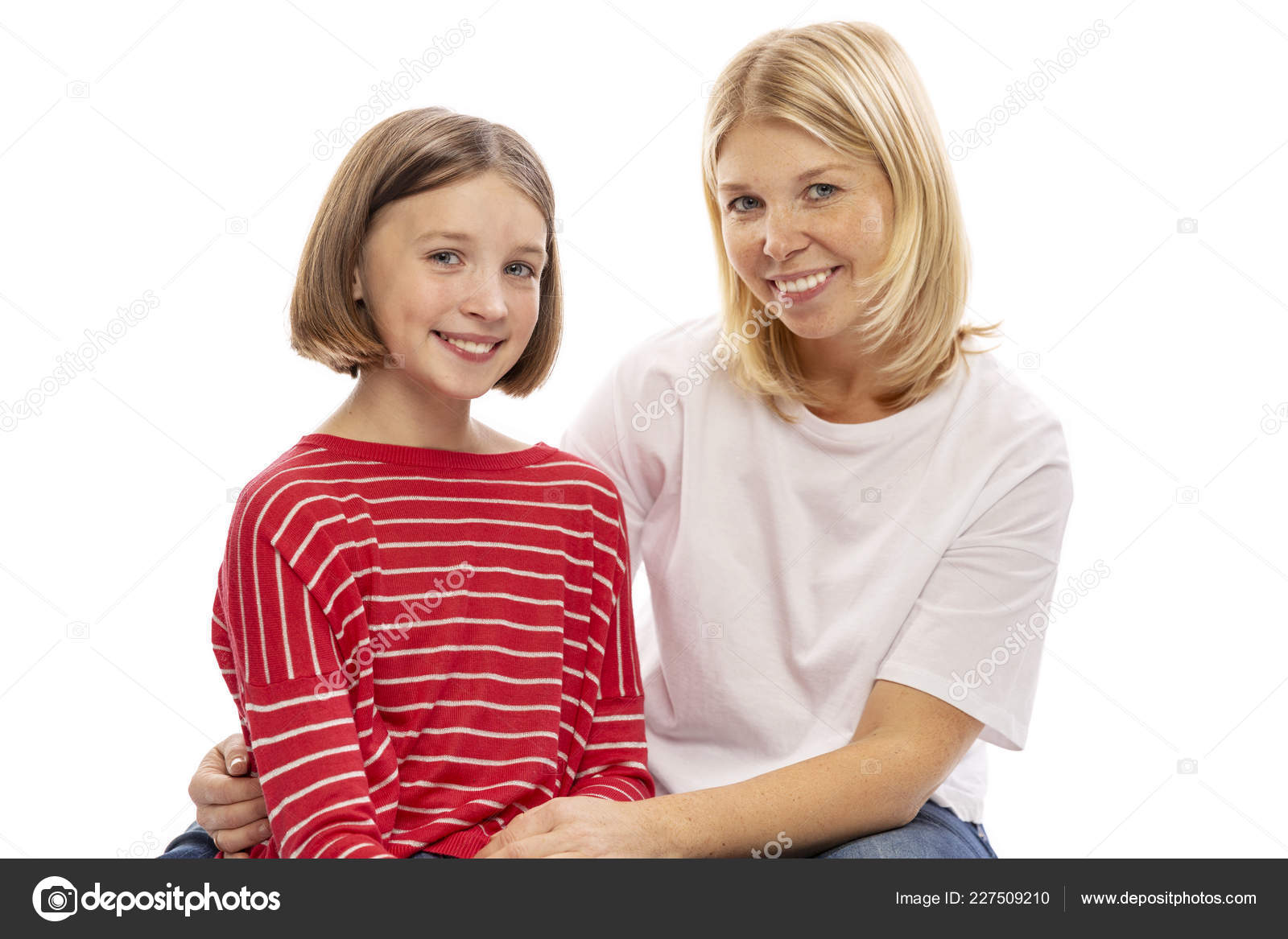 Mom Teen Daughter Embrace Laugh Isolated White Background Stock