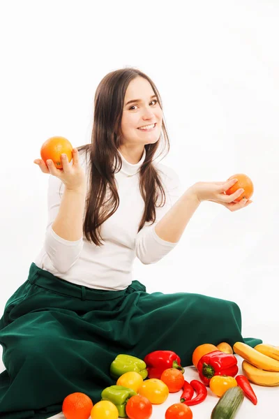 Smiling Young Woman Vegetables Fruits White Background — Stock Photo, Image