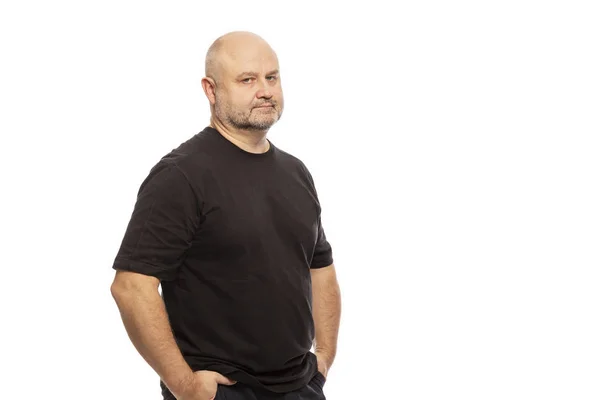 Adulto Careca Homem Está Retrato Sobre Fundo Branco — Fotografia de Stock